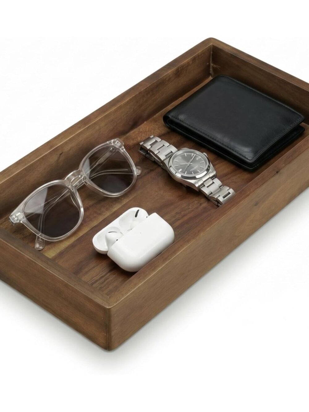 Valet Tray & Catchall, Dark Brown Acacia Wood Organizer, 12.2 x 6 in